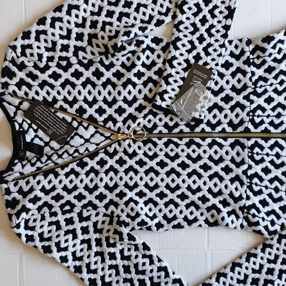 INC Wm Black & White Geometric Sweater Fit & Flare A-Line Dress w/ V-Neck Zip Sm - Picture 16 of 16